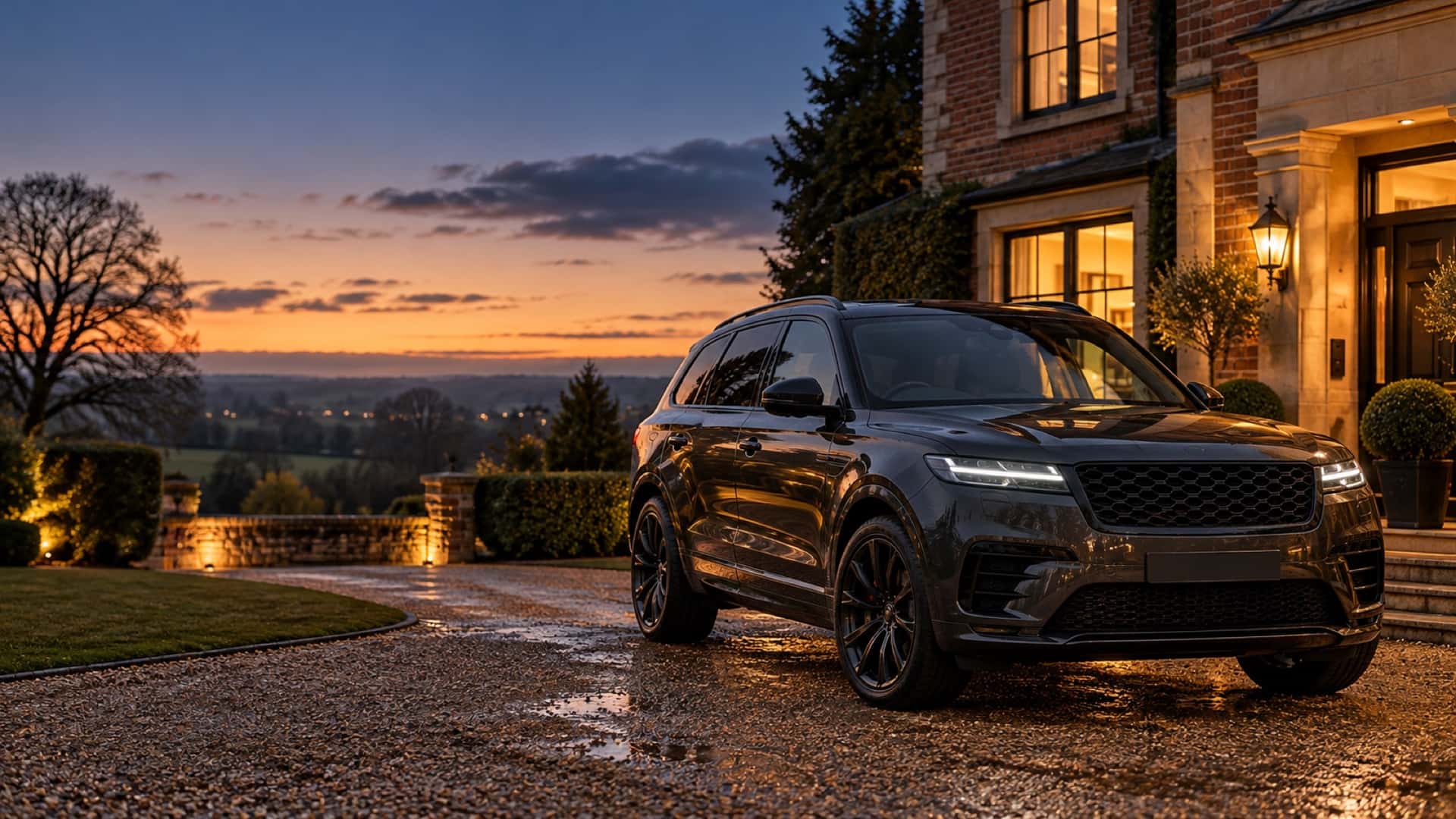 A dark estate car on a gravel drive at dusk, with lit windows behind it