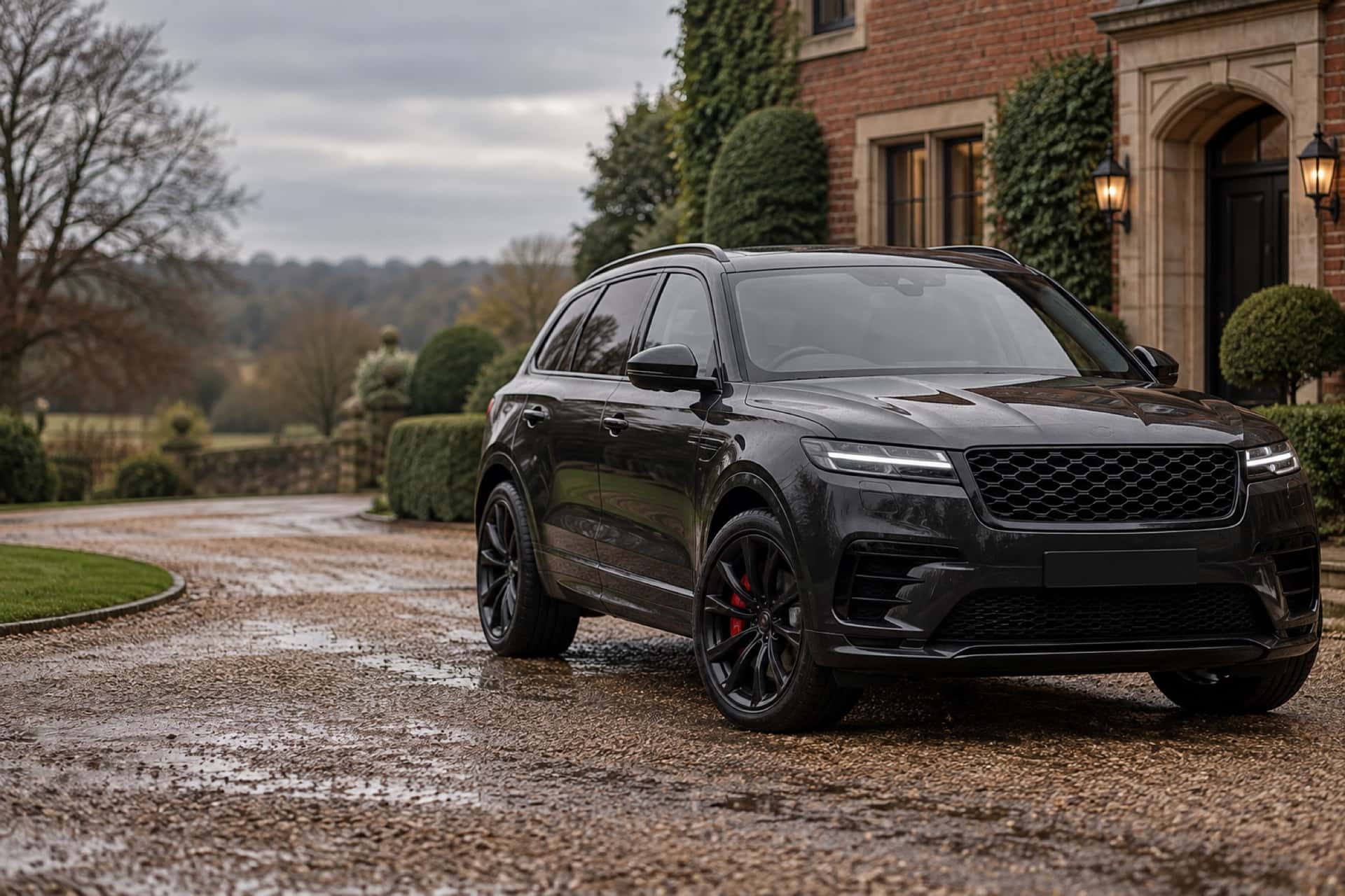 A dark estate car parked on a wet gravel driveway in front of a brick country house, under an overcast sky